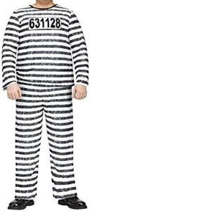 Convict Prisoner Halloween Costume OS Jailbird 3 Pc Black White Party Mens